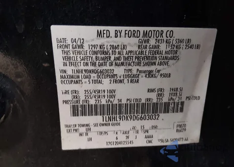 2013 Lincoln Mks z USA, uszkodzony, nr VIN 1LNHL9DK9DG603032